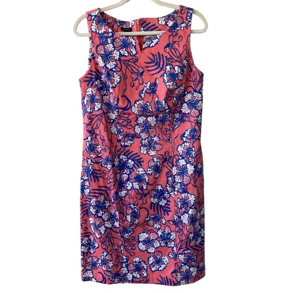Talbots Dresses & Skirts - Talbots Coral Pink Blue Hibiscus Floral Print Shift Dress Size 10 Sleeveless